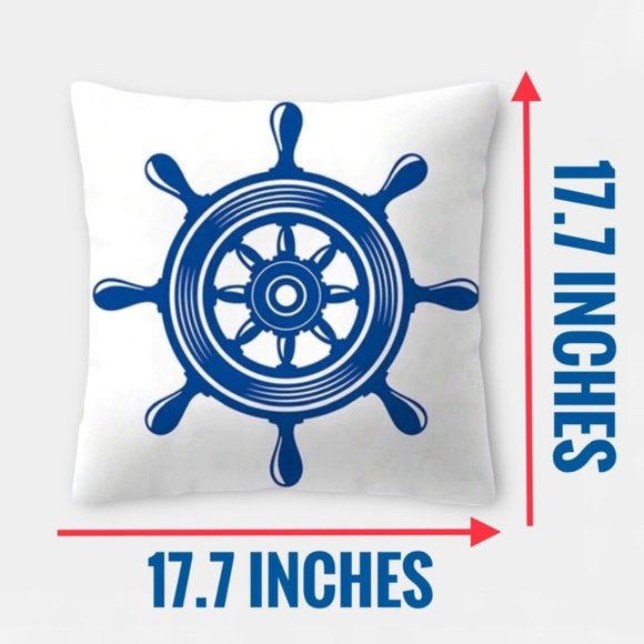 Coastal Pillow Cover Ship Wheel Nautical Beach Decor Square 17.7 in Blue White - Picture 3 of 12